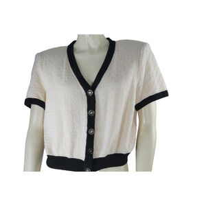Vintage St. John Collection Knit Cardigan Ivory Black Trim Short Sleeve Size 6